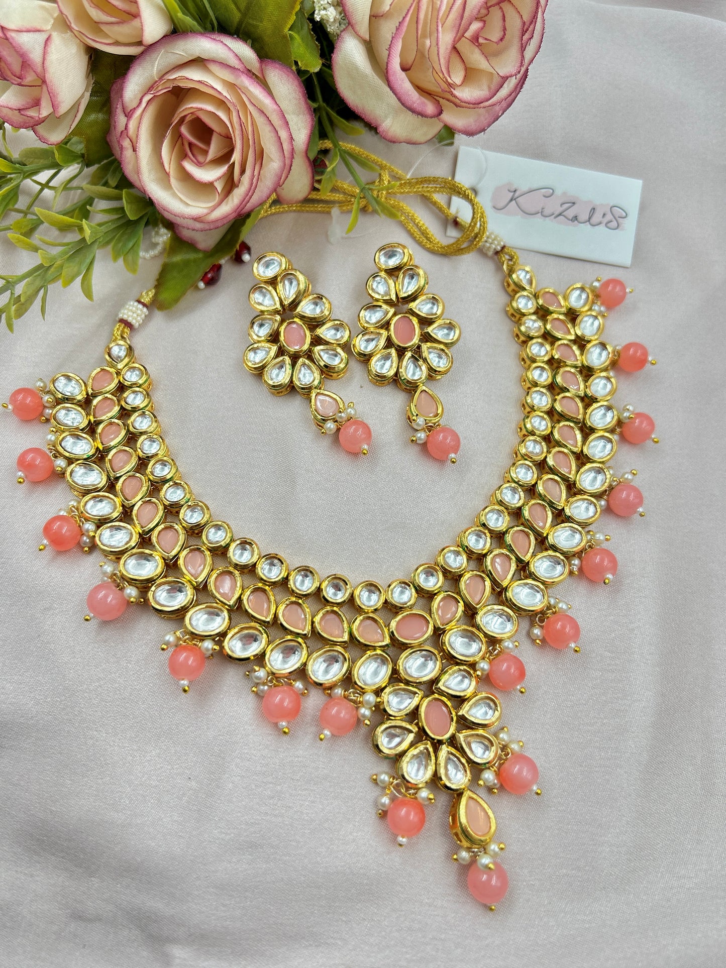 Suman Kundan Necklace : Peach