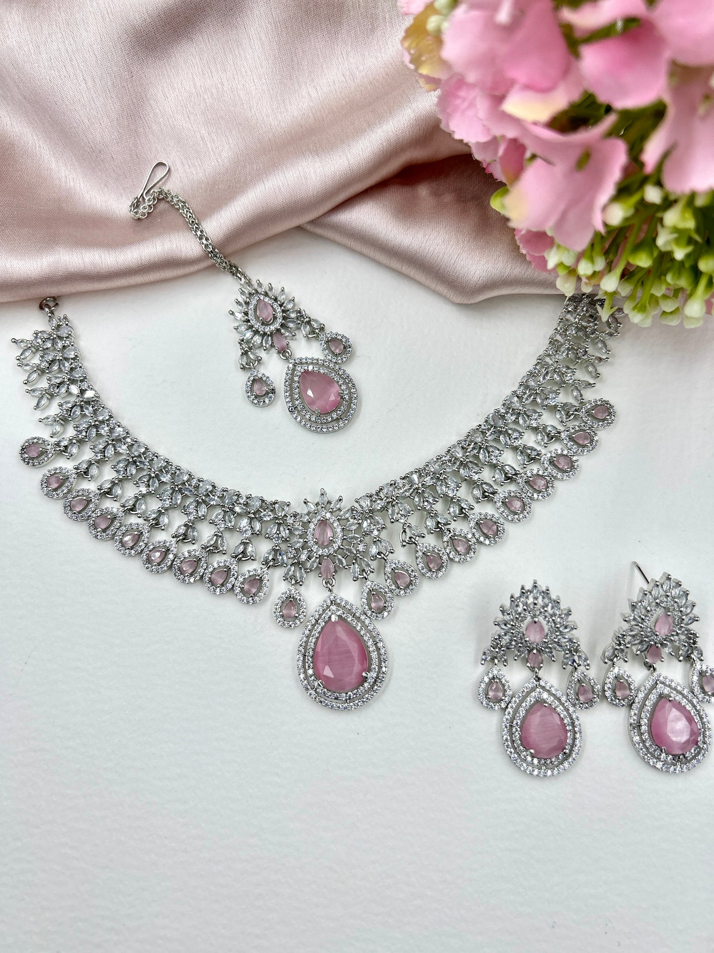 Kavya AD Necklace Set : Pink (Necklace+Earrings+Maang Teeka)