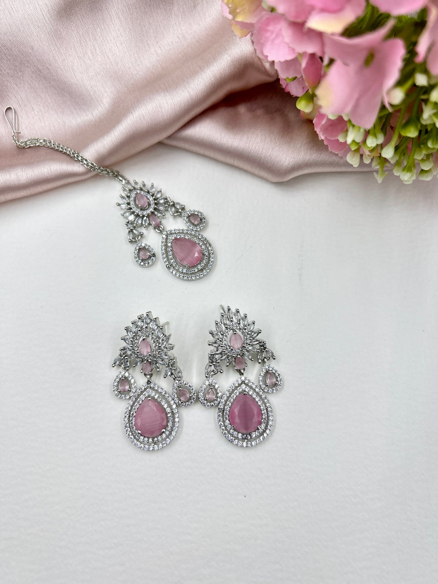 Kavya AD Necklace Set : Pink (Necklace+Earrings+Maang Teeka)