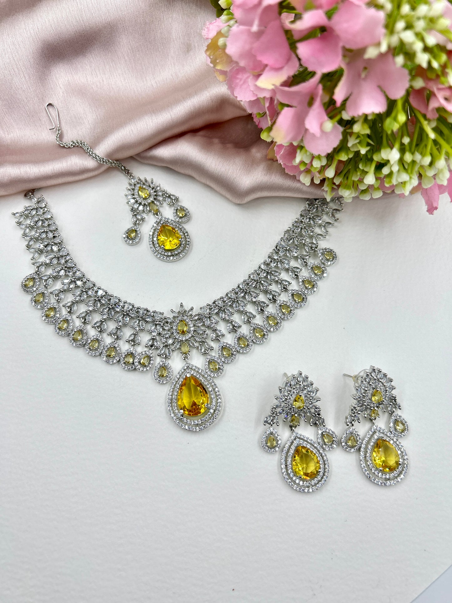 Kavya AD Necklace Set : Yellow (Necklace+Earrings+Maang Teeka)