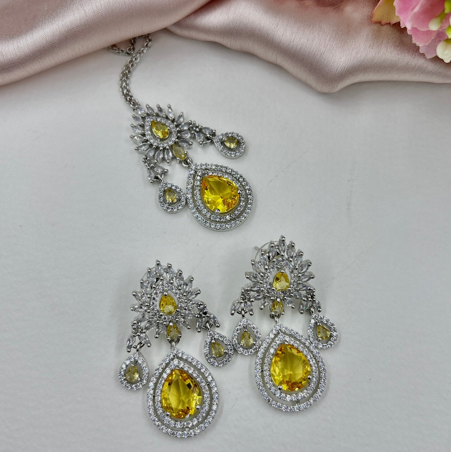 Kavya AD Necklace Set : Yellow (Necklace+Earrings+Maang Teeka)
