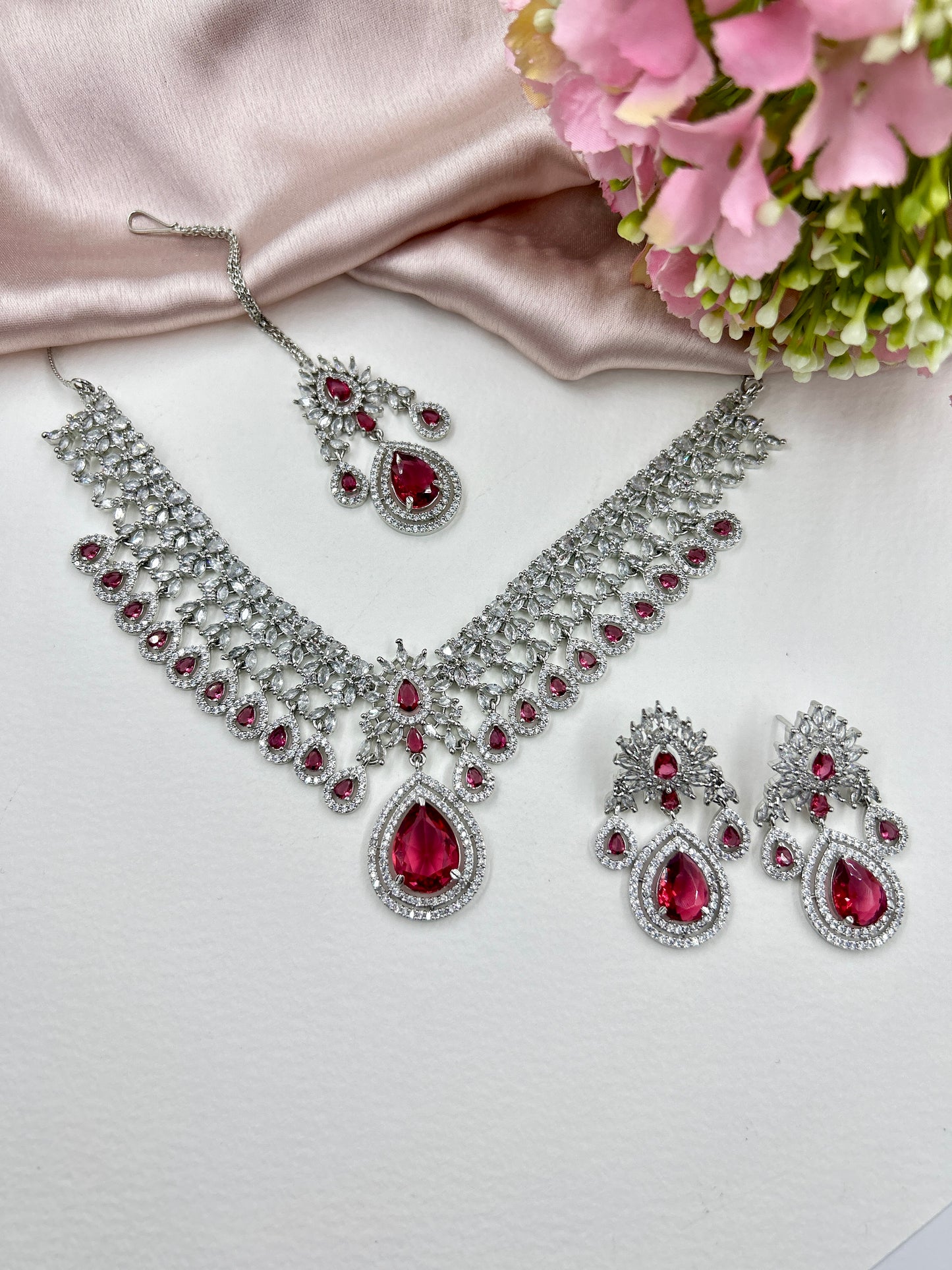Kavya AD Necklace Set : Ruby (Necklace+Earrings+Maang Teeka)