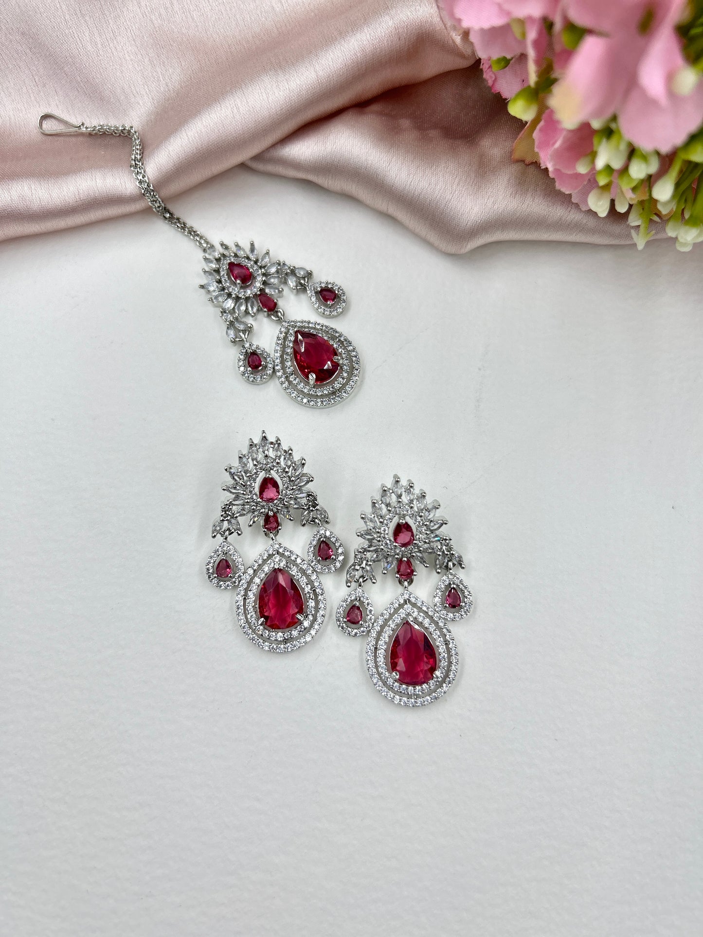 Kavya AD Necklace Set : Ruby (Necklace+Earrings+Maang Teeka)
