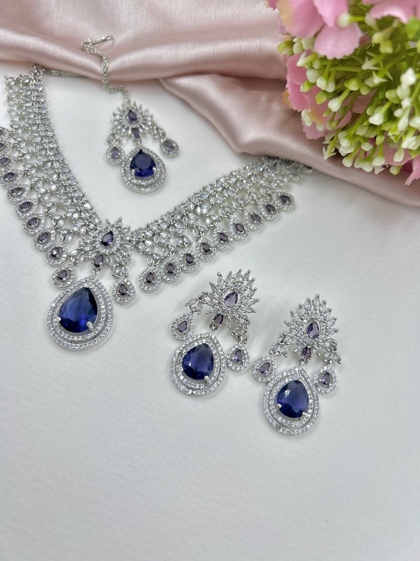 Kavya AD Necklace Set : Purple (Necklace+Earrings+Maang Teeka)
