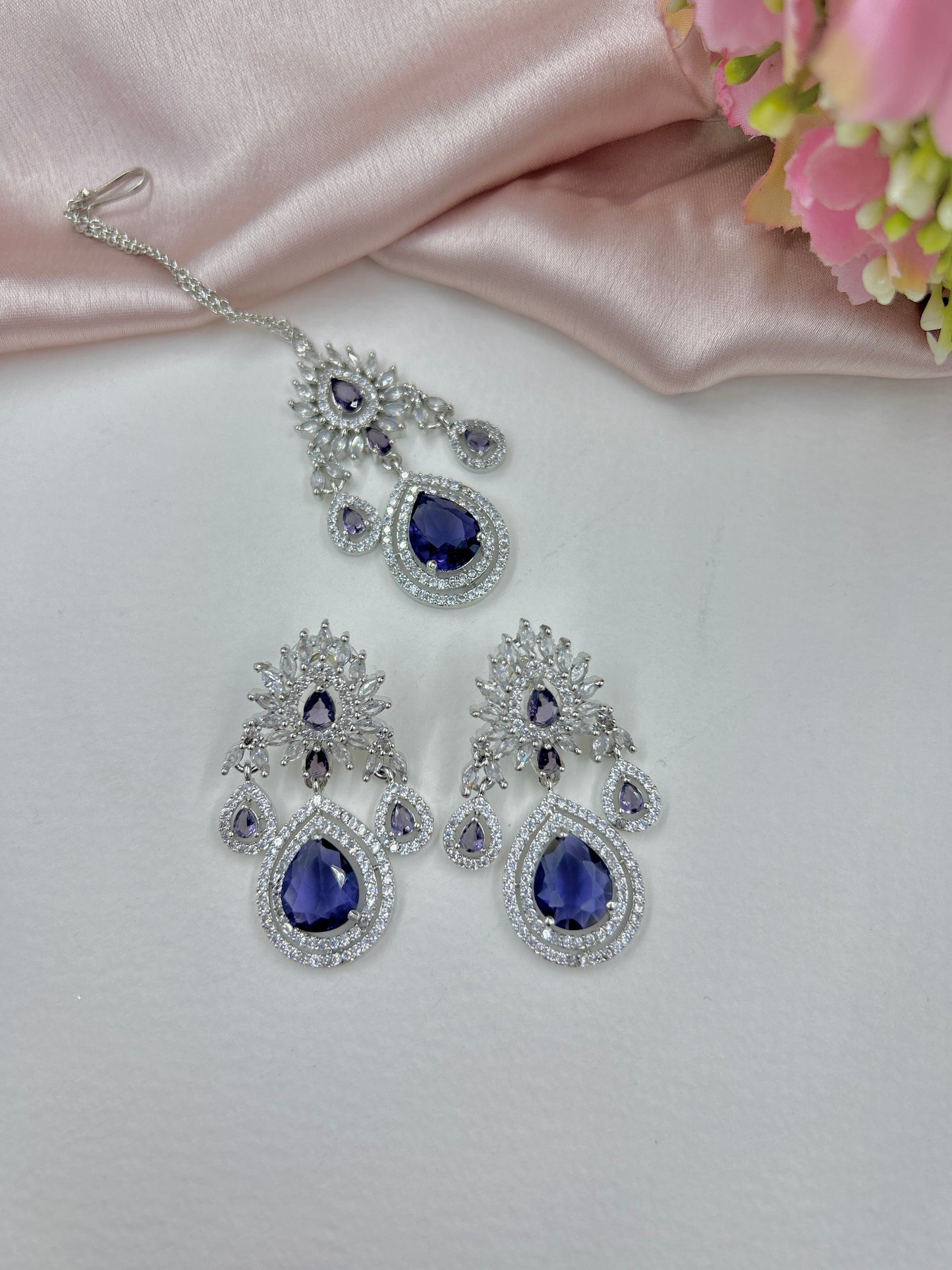 Kavya AD Necklace Set : Purple (Necklace+Earrings+Maang Teeka)