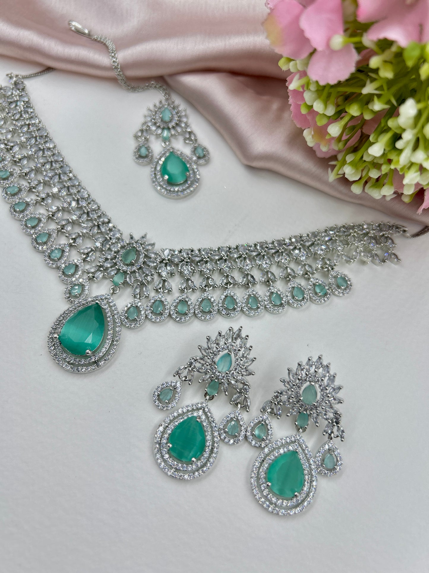 Kavya AD Necklace Set : Mint (Necklace+Earrings+Maang Teeka)