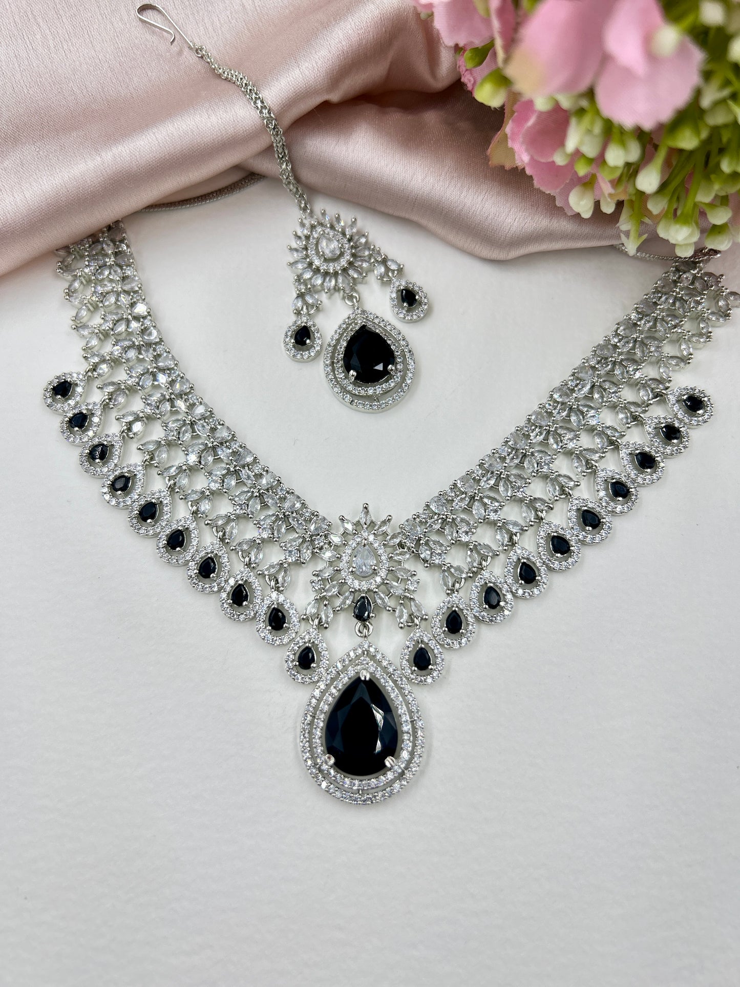 Kavya AD Necklace Set : Black (Necklace+Earrings+Maang Teeka)
