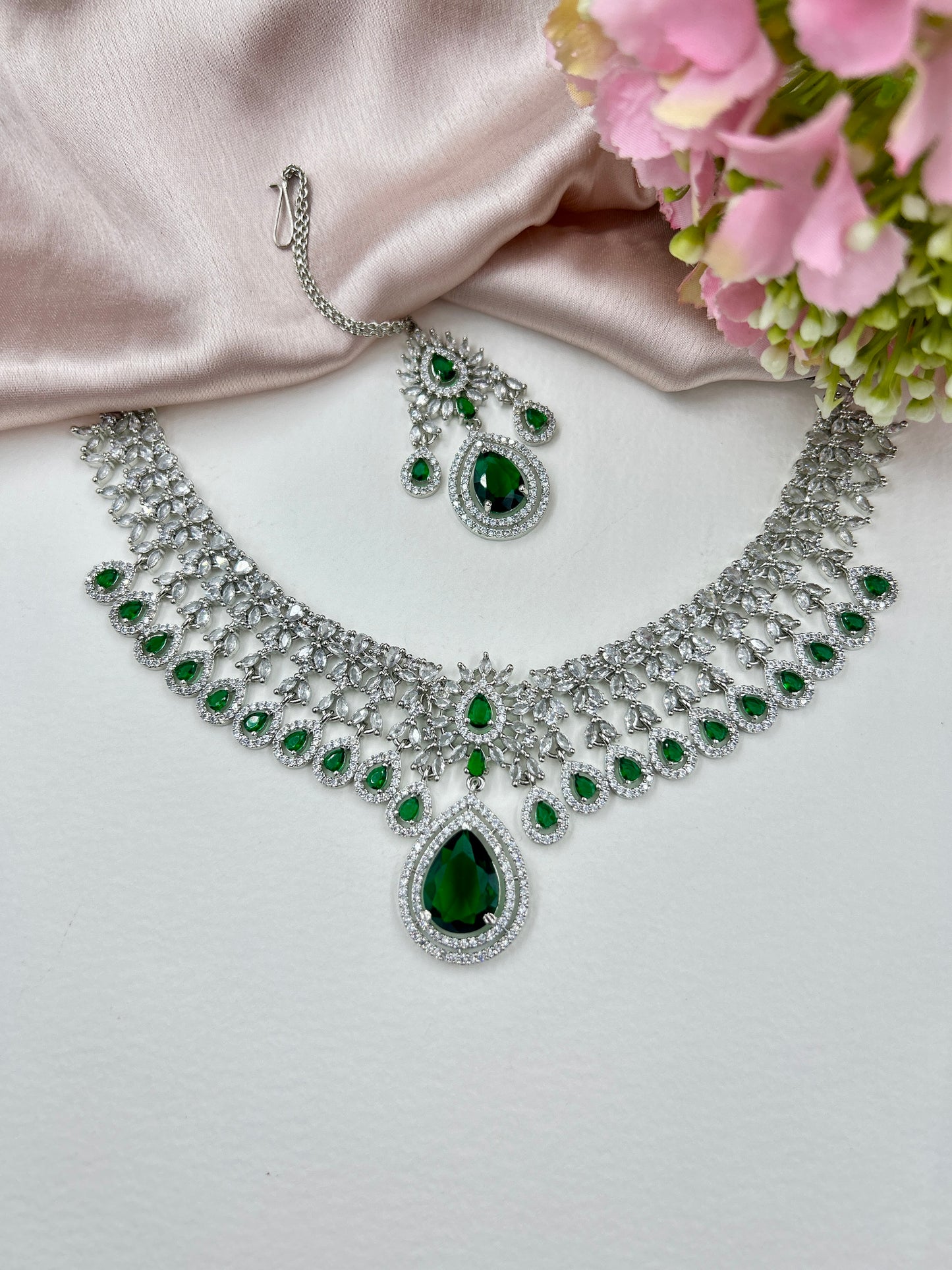 Kavya AD Necklace Set : Emerald (Necklace+Earrings+Maang Teeka)