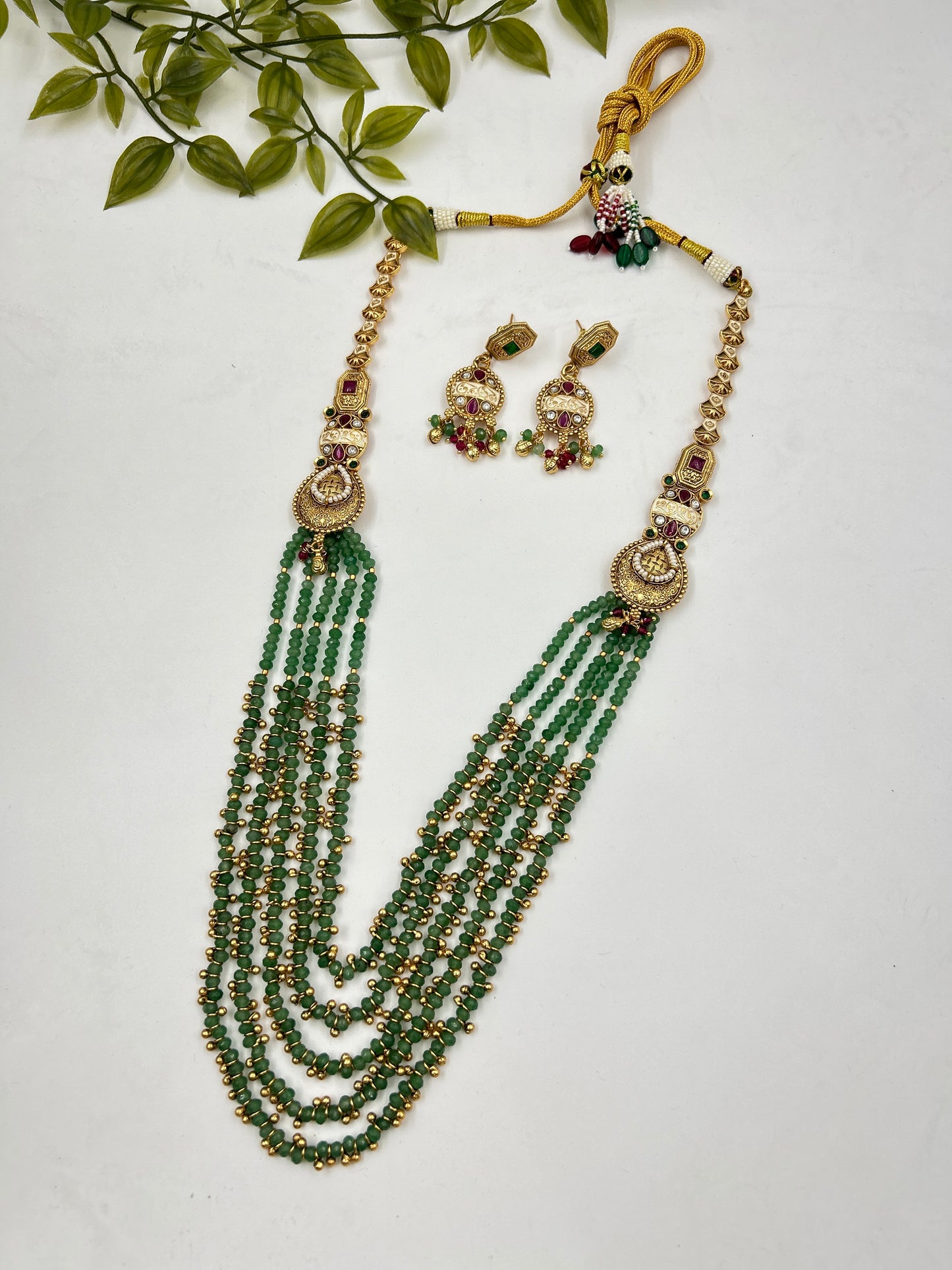 Sunandita Long Multi Layer Antique Necklace : Green