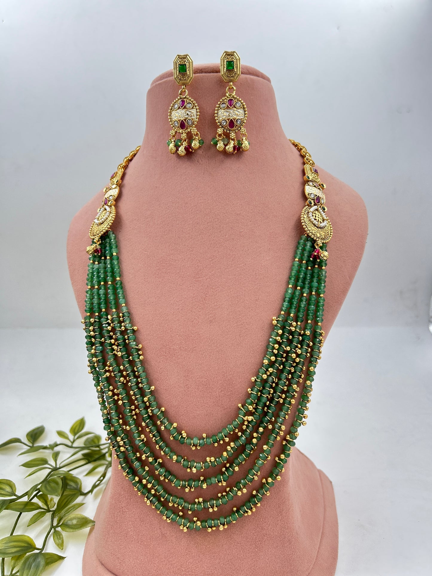 Sunandita Long Multi Layer Antique Necklace : Green