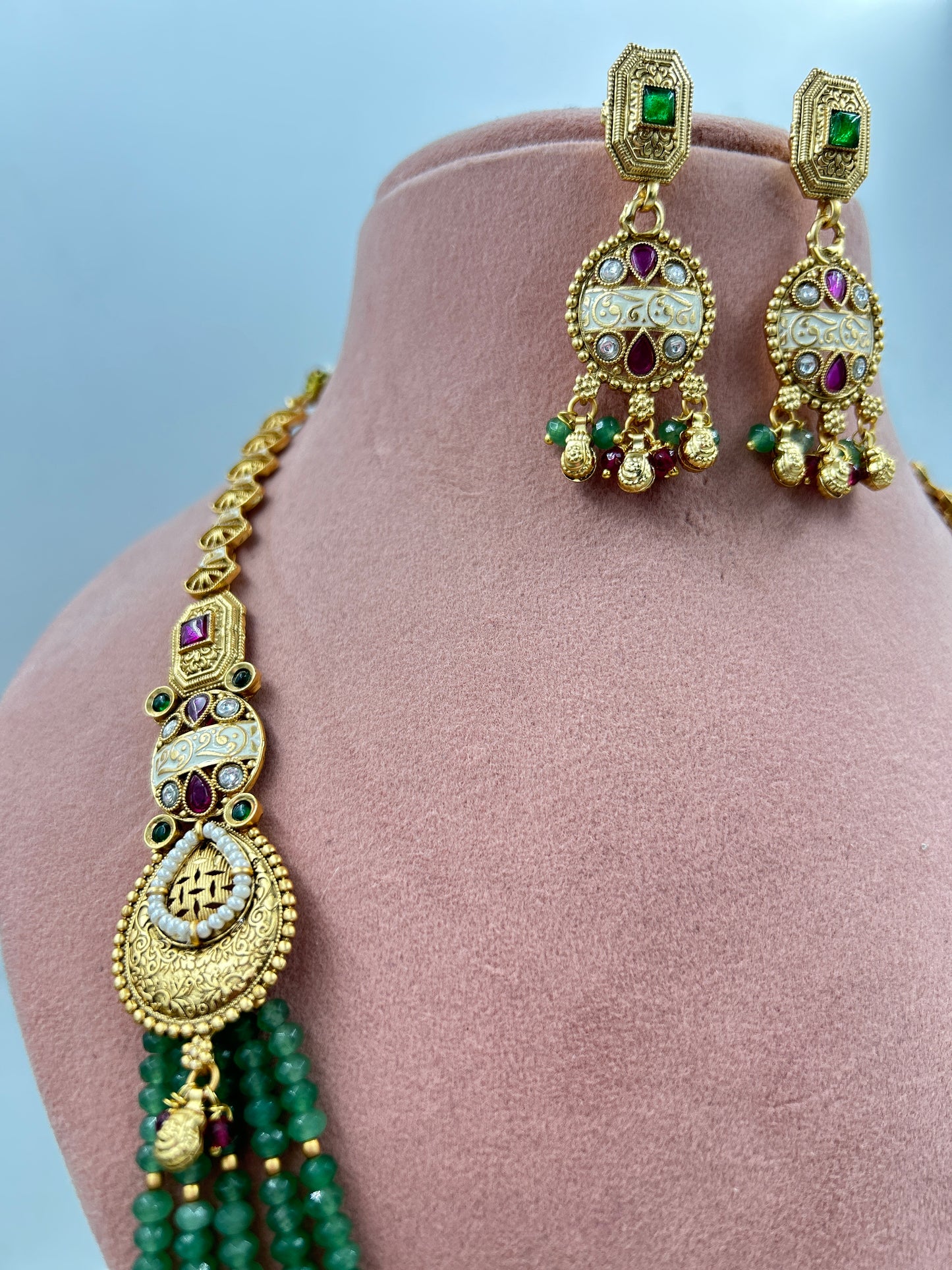 Sunandita Long Multi Layer Antique Necklace : Green