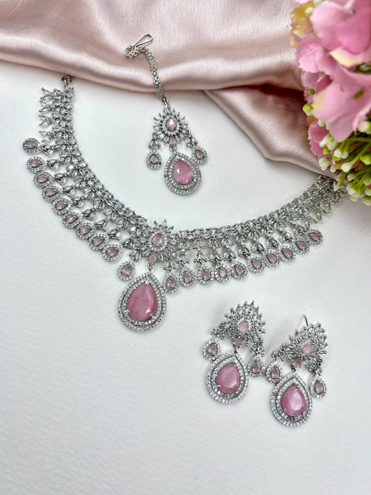 Kavya AD Necklace Set : Pink (Necklace+Earrings+Maang Teeka)
