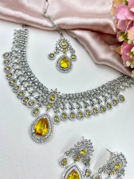 Kavya AD Necklace Set : Yellow (Necklace+Earrings+Maang Teeka)