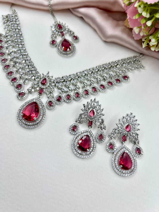 Kavya AD Necklace Set : Ruby (Necklace+Earrings+Maang Teeka)