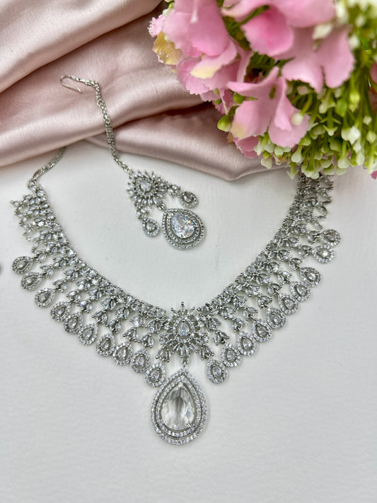 Kavya AD Necklace Set : Clear (Necklace+Earrings+Maang Teeka)