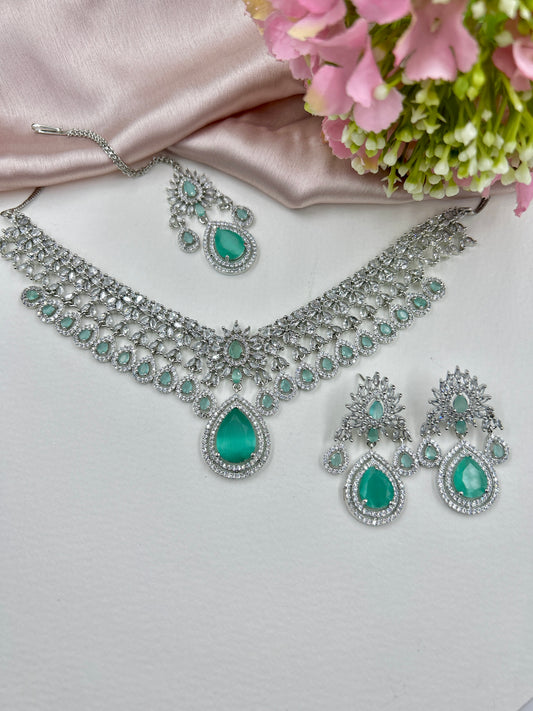 Kavya AD Necklace Set : Mint (Necklace+Earrings+Maang Teeka)