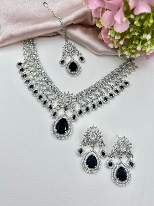 Kavya AD Necklace Set : Black (Necklace+Earrings+Maang Teeka)