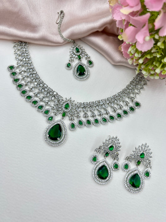 Kavya AD Necklace Set : Emerald (Necklace+Earrings+Maang Teeka)