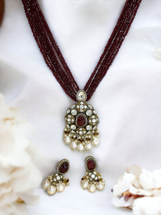Long Maroon Polki: Necklace with Big Pearl Drops